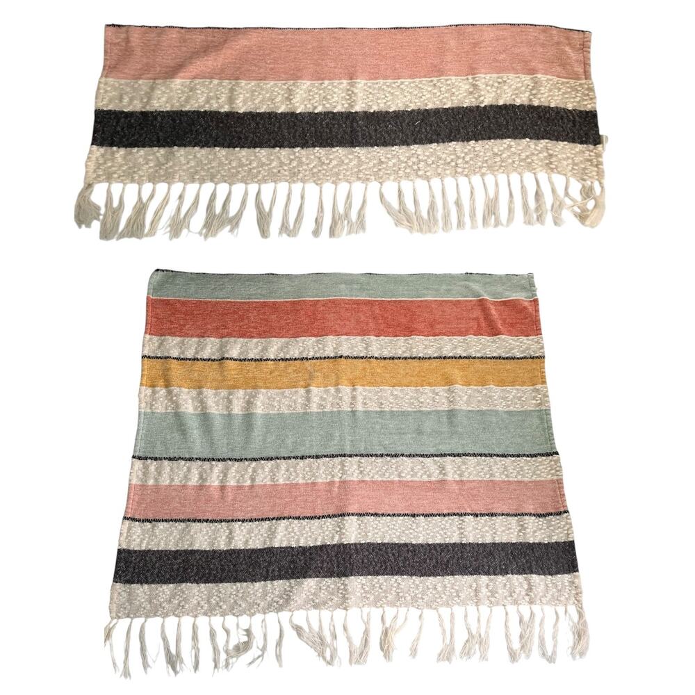 Lot of 2 Shabby Chic Runner and Blanket Pink Black Stripes Boho Farmhouse